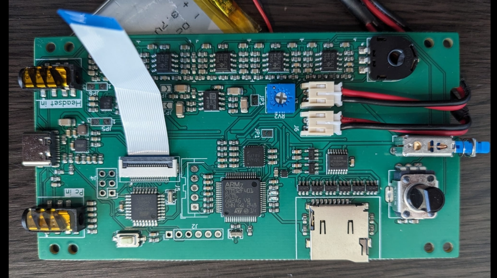 Sfxer PSB6 bottom board - STM32F401, ADAU1701 DSP, audio jacks, USB-C, MicroSD, LiPo battery